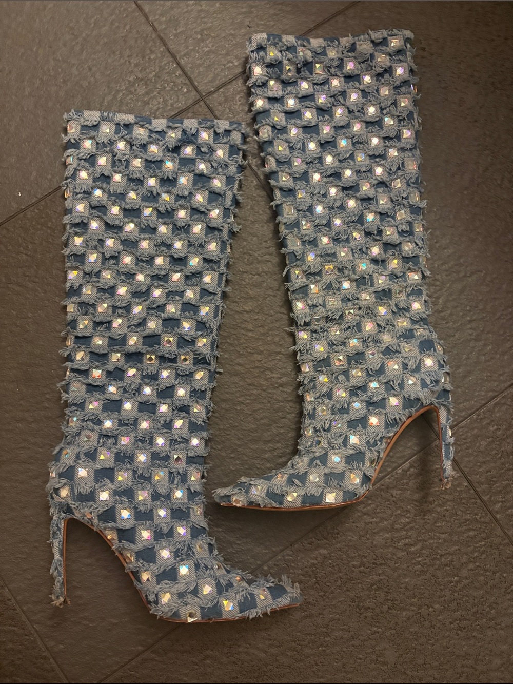 Embellished Denim Knee-High Stiletto Boots - Blue